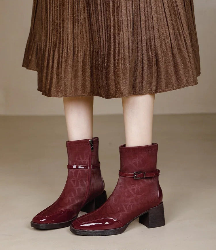 Women's Side Zipper Boot High Heel Short Boot Winter Mid-Calf Boot Chinese Style National Wedding Boot