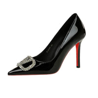 Banquet Pointed High Heels, Shallow Metal Rhinestone Thin Heel Patent Leather High Heels