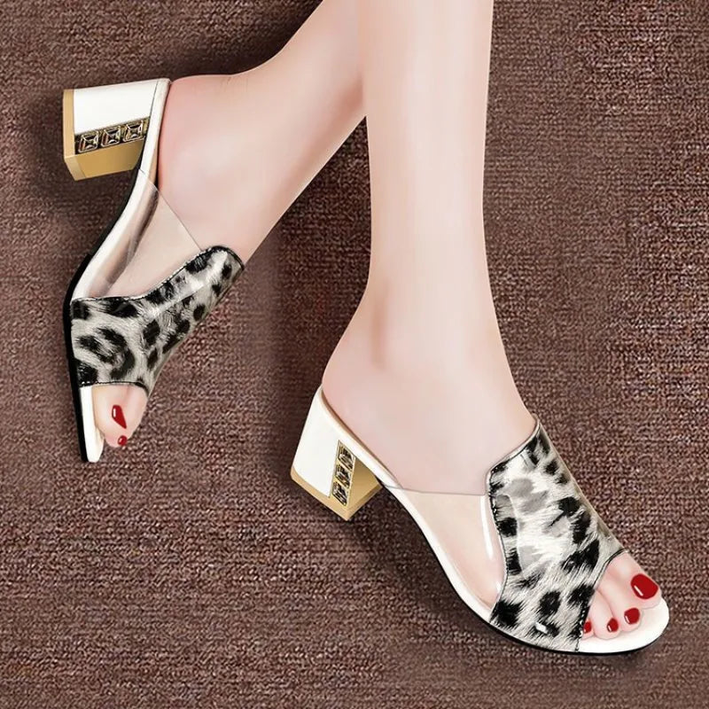 Trendy Versatile Sandals PU Material Leopard Print Women's Thick Heel Slippers for External Wear - Natalia Home Fashionsandals