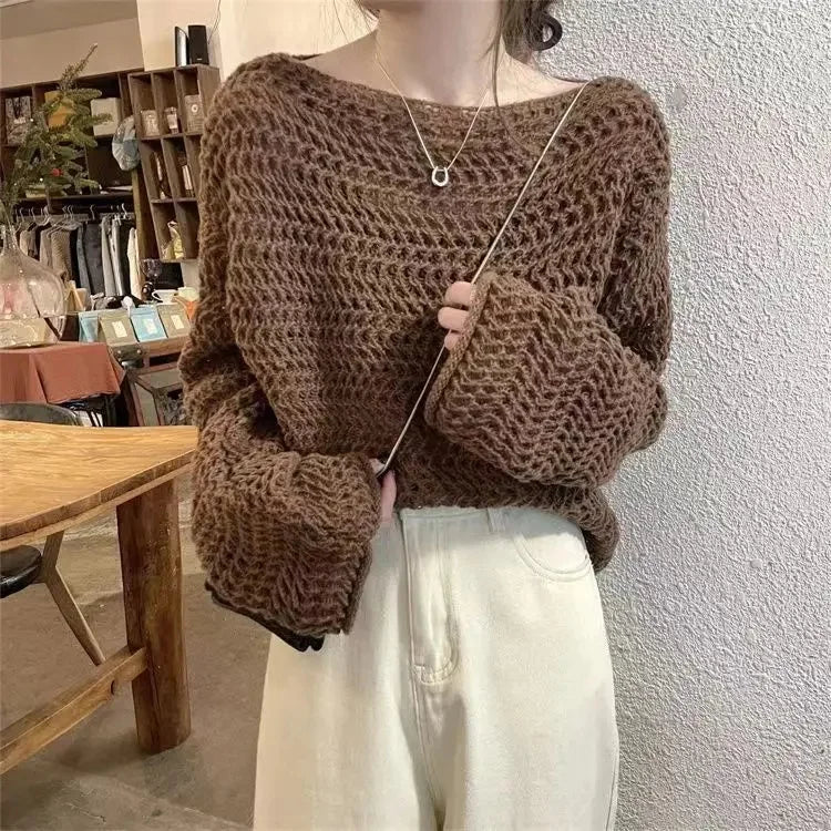 Hollow out Knitwear Women's Design Lazy Style Outerwear French Vintage Casual Loose Fit Sleeve Top - Natalia Home Fashion