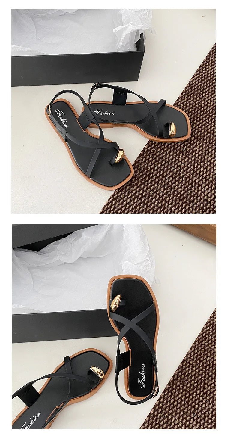 Women's Roman Style Toe-Over Sandals Flat Bottom Outdoor Wear Crossbody PVC Material Anti-Slip Low Heel Footwear