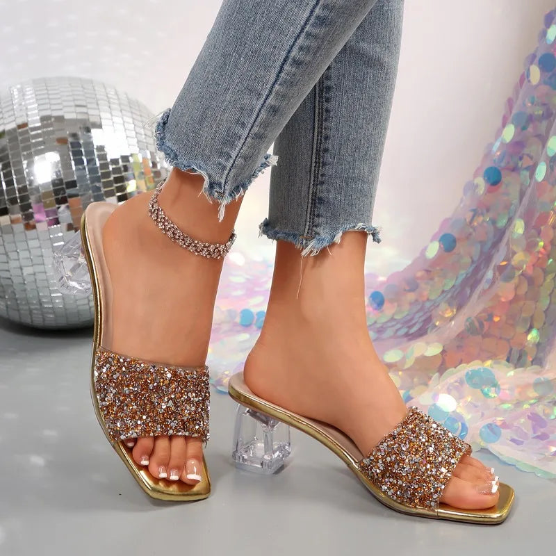 Shiny Sequins High Heel Slippers for Women Summer Fashion Square Toe Transparent Heeled Sandals Woman Glitter Slides - Natalia Home Fashion