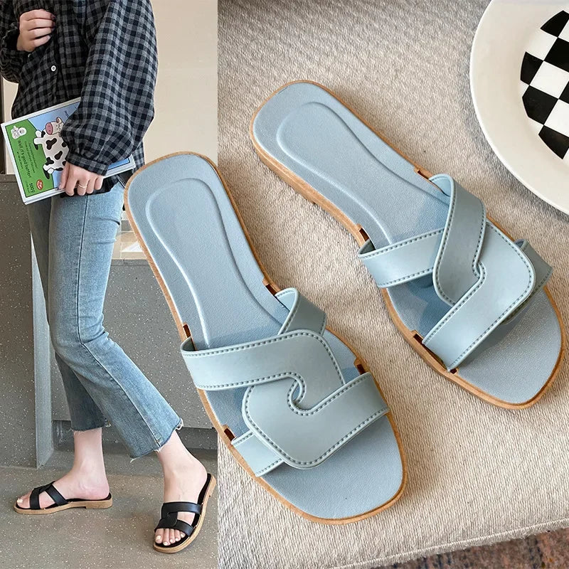 Women's Flat Beach Slippers Cross Band Fashionable Outdoor Wear PVC Home Slippers Macaron Color Sandals Comfortable - Natalia Home Fashion
