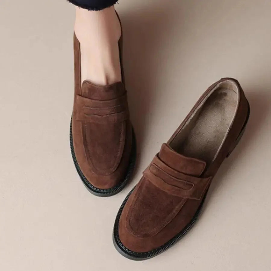 British Style Fleece Lined Chunky Heel Loafers Women's Shoes Retro French Vintage Leather Casual Shoes Rubber Sole Adult Footwear