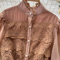 Elegant Hollow Out Organza Long Maxi Dresses Shirt Women  Layer Ruffle Full Sleeve Pearl Evening Party Dress