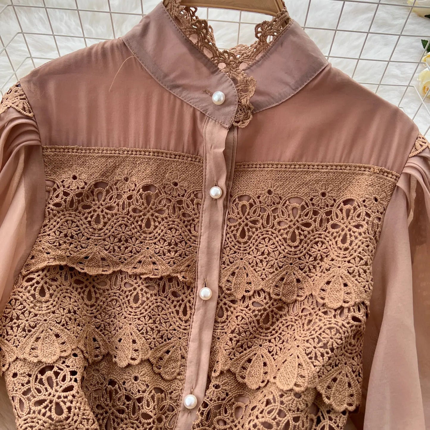 Elegant Hollow Out Organza Long Maxi Dresses Shirt Women  Layer Ruffle Full Sleeve Pearl Evening Party Dress