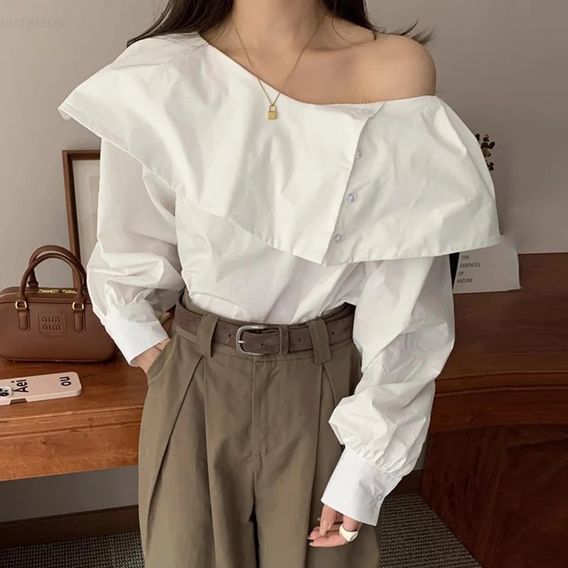 Irregular Ruffle Edge Exposed Single Shoulder Striped Shirts Women Chemise Femme Top Blouse