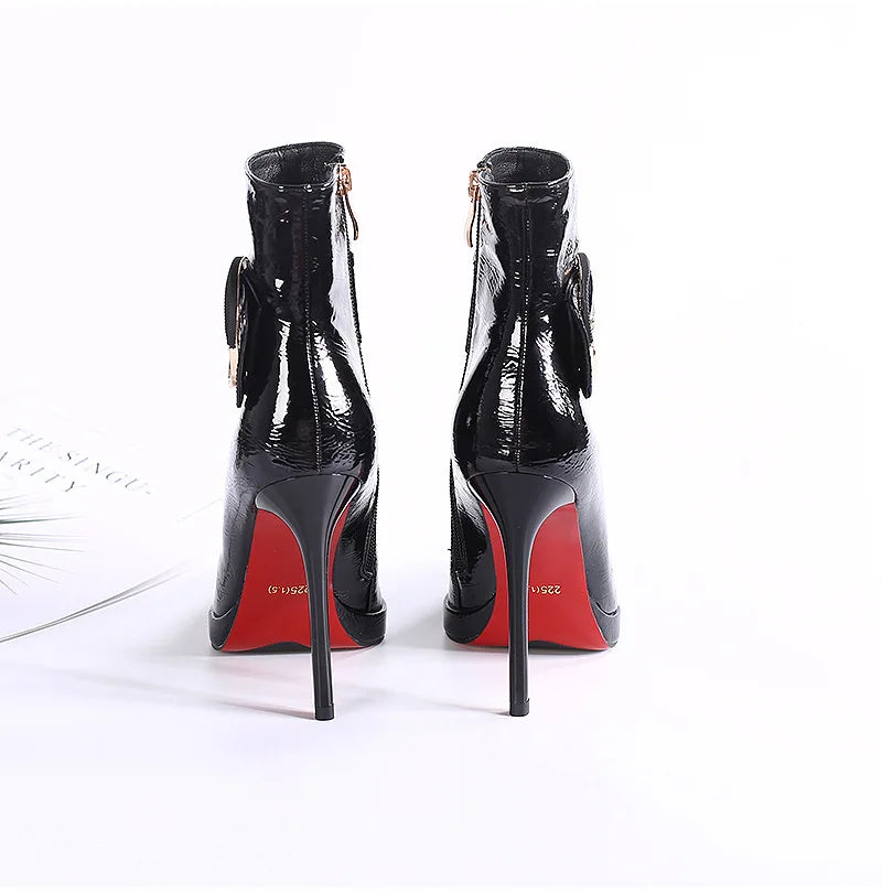 Women Ankle Boots Runway Style Sexy Belt Buckle Side Zip High Heels Patent Leather Party Dress Ladies Shoes