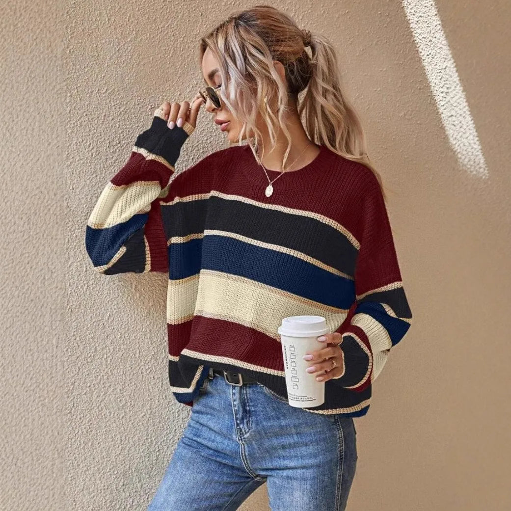 Women's Winter Clothing Oversized Striped Round Neck Ribbed Casual Sweater for Women Women's And Female Clothing Women's Winter Natalia Home Fashion    Natalia Home Fashion