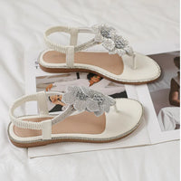 Womens Bohemian Floral Rhinestone Sandals Elegant Crystal Flower Décor Elastic Ankle Strap Soft Cushioned Insole Non Slip Sole