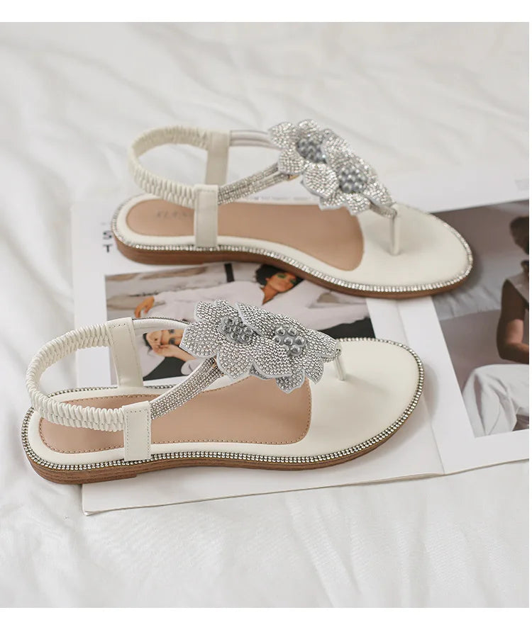 Womens Bohemian Floral Rhinestone Sandals Elegant Crystal Flower Décor Elastic Ankle Strap Soft Cushioned Insole Non Slip Sole