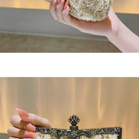 Pearl & Diamond Kiss Lock Clutch Bag Floral Handle Party Bag Metal Chain Cocktail Crossbody Bag