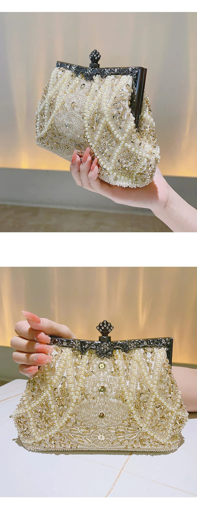 Pearl & Diamond Kiss Lock Clutch Bag Floral Handle Party Bag Metal Chain Cocktail Crossbody Bag