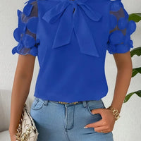 Blouses for Women Trendy Round Neck Mesh Patchwork Short Sleeve Blouse with Neck Tie Short Sleeve Tops T-shirts