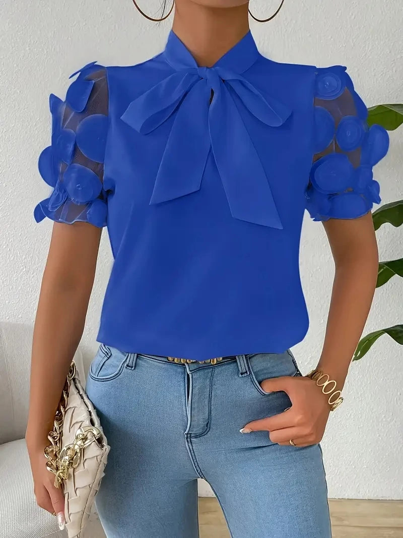 Blouses for Women Trendy Round Neck Mesh Patchwork Short Sleeve Blouse with Neck Tie Short Sleeve Tops T-shirts
