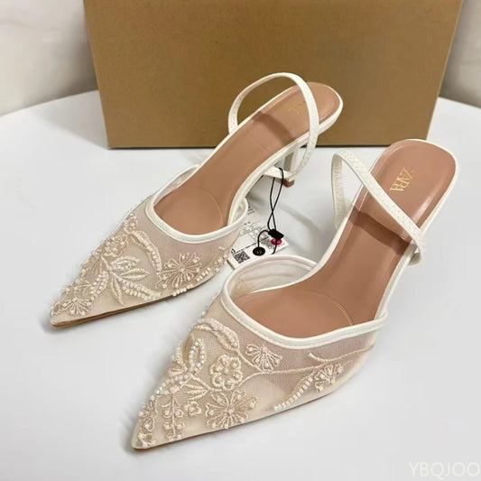 Ladies Embroider Brand High Heels Luxury Elegant Pointed Shoes Ladies Evening Party Sandals Wedding Bridal Dress shoes
