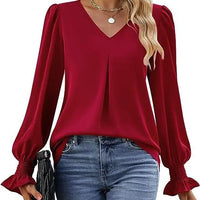 Fashion Simple Solid Color Pullover Shirt Women Loose V-neck Flared Sleeve Shirts Top Female Elegant Commuting Clothing
