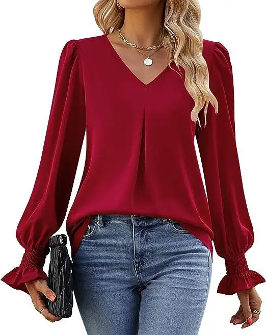 Fashion Simple Solid Color Pullover Shirt Women Loose V-neck Flared Sleeve Shirts Top Female Elegant Commuting Clothing