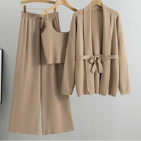 Loose Casual Fashion Set Women's Spring and Autumn Knitted Cardigan Jacket Camisole Wide Leg Pants Three Piece Set Natalia Home Fashion    Natalia Home Fashion