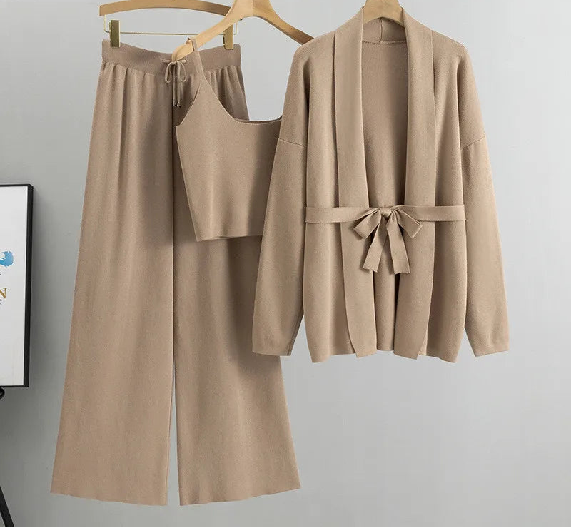 Loose Casual Fashion Set Women's Spring and Autumn Knitted Cardigan Jacket Camisole Wide Leg Pants Three Piece Set Natalia Home Fashion    Natalia Home Fashion