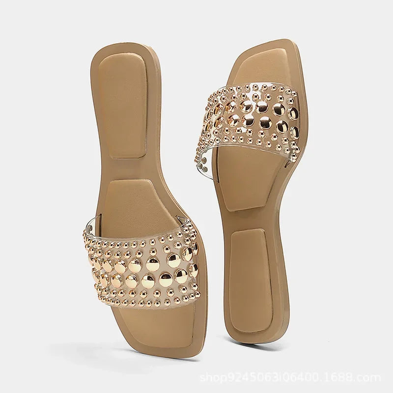 Women's Shoes PVC Transparent Riveted Casual Flat Open Toe Beach Slides Trend Brand Design Big Size Ladies Slippers - Natalia Home Fashion