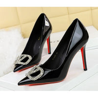 Banquet Pointed High Heels, Shallow Metal Rhinestone Thin Heel Patent Leather High Heels