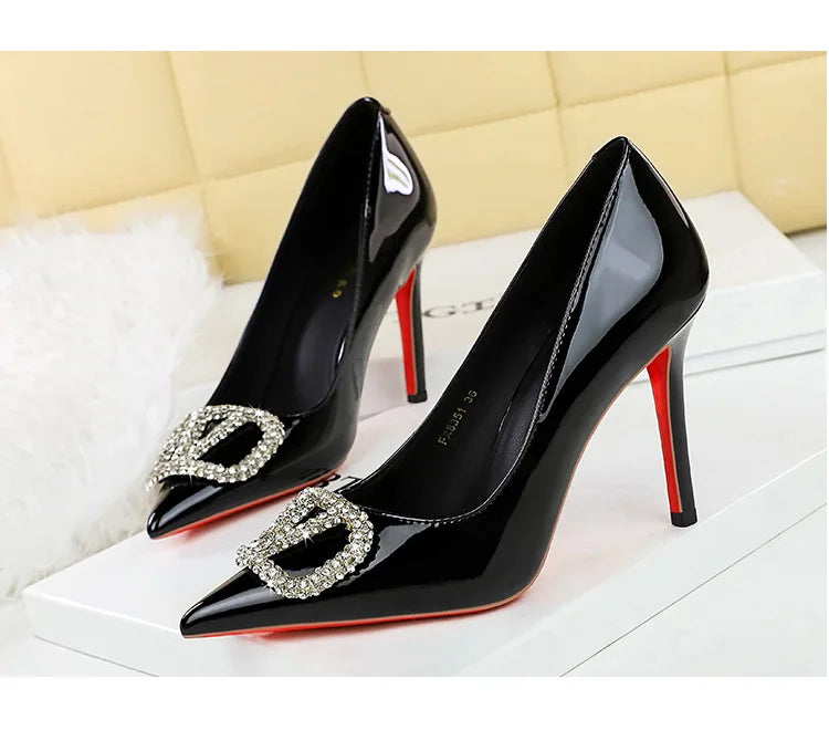 Banquet Pointed High Heels, Shallow Metal Rhinestone Thin Heel Patent Leather High Heels