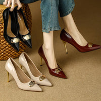 French Style Single Shoes Spring Women Pumps New Pointed Toe Shallow Mouth Metallic Buckle Commuting Shoes Stiletto Single Shoes