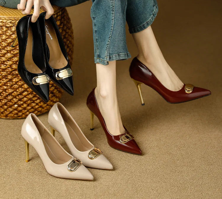 French Style Single Shoes Spring Women Pumps New Pointed Toe Shallow Mouth Metallic Buckle Commuting Shoes Stiletto Single Shoes