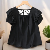 Loose Summer Top Black Square Collar Short Sleeve Women's Fashion plus Size Clothing Breathable Comfortable Cotton Fabric