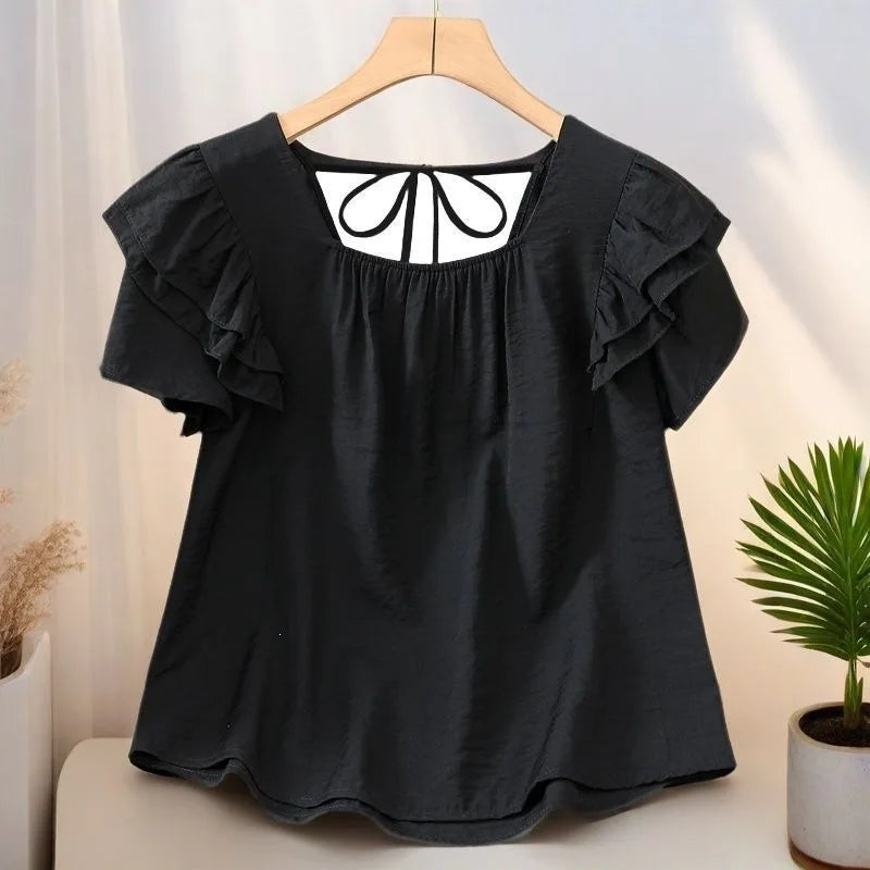 Loose Summer Top Black Square Collar Short Sleeve Women's Fashion plus Size Clothing Breathable Comfortable Cotton Fabric