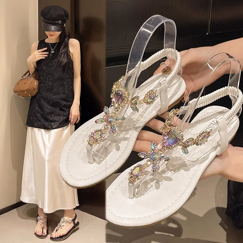 Flat Bottom Sandals Women's Fashion Flower Rhinestone Elastic Strap Casual Toe Post Sandals