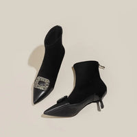 Fashionable Slim Fit Diamond Decorated Pointed Toe High Heel Bootie Mid-Calf Zipper Closure Leather Boot for Women