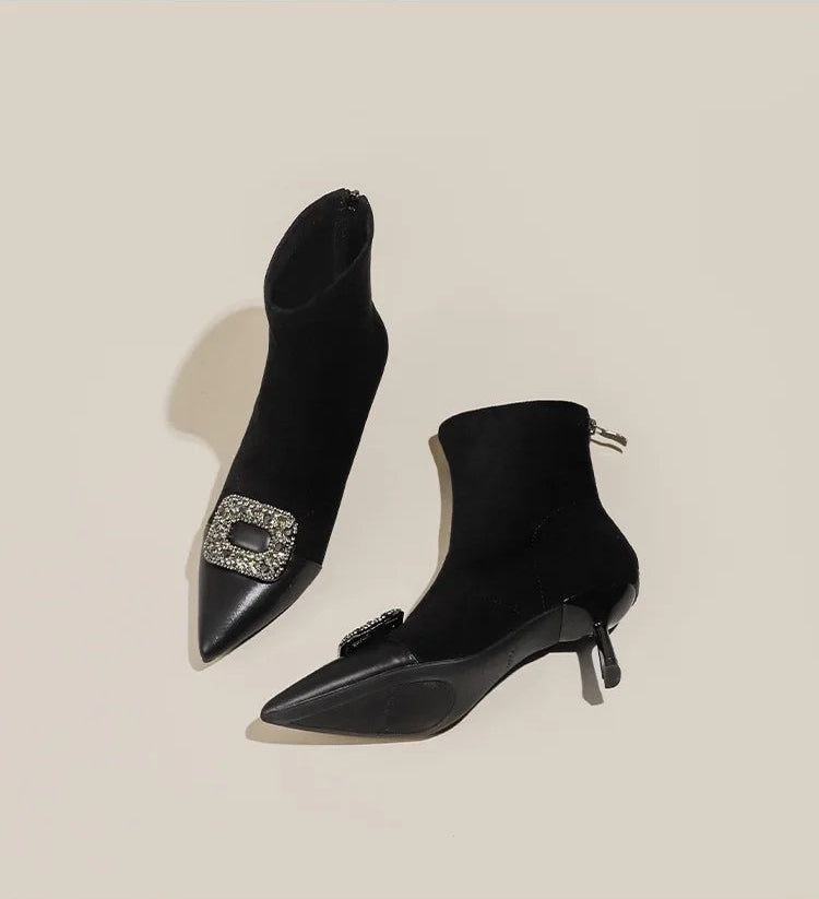 Fashionable Slim Fit Diamond Decorated Pointed Toe High Heel Bootie Mid-Calf Zipper Closure Leather Boot for Women