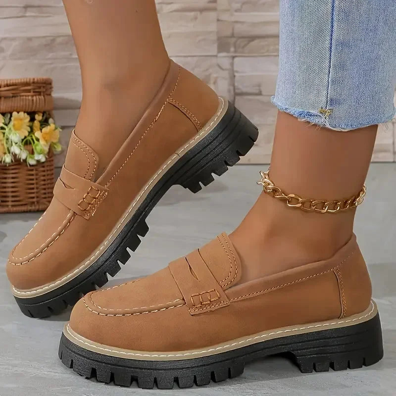Loafers casual sandblasted British style women's shoes with thick heels and retro single shoes