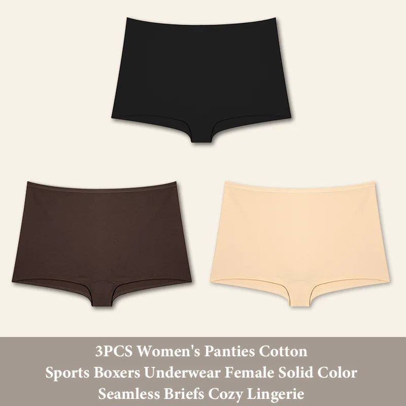 3PCS Women's Panties Cotton Seamless Sports Boxers Underwear Female Solid Color Briefs Cozy Lingerie Intimate Underpants