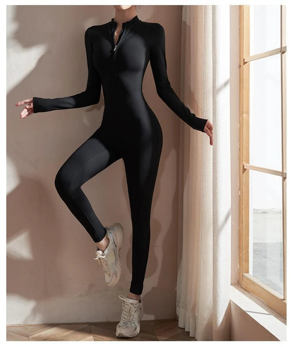 Women Jumpsuits Long Sleeve Yoga Slim Fit Stretch One Piece Romper Sexy Fitness Female Black Basic Sport wears Tight Zipper
