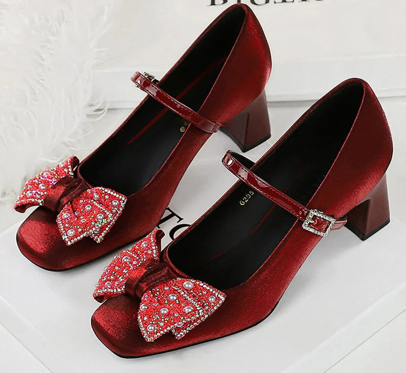 Rhinestone bow Women Pumps Coarse heel Women shoes middle heel Luxury banquet shoes satin square head Ladies shoes