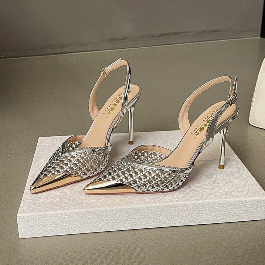 Elegant Hollow Out Woven Stiletto Sandals Women Pointed Toe Metal Straps High Heels