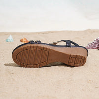 Bohemian Style Thick Heel Sandals Summer Fashion Beach Diamond Women's Shoes round Head Roman Style PU Leather Roman Sandals