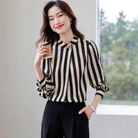 Elegant Commuter Long Sleeve Striped Shirt Women's Stand Collar Button up Polyester Fiber Straight Cut Fashionable Business wear