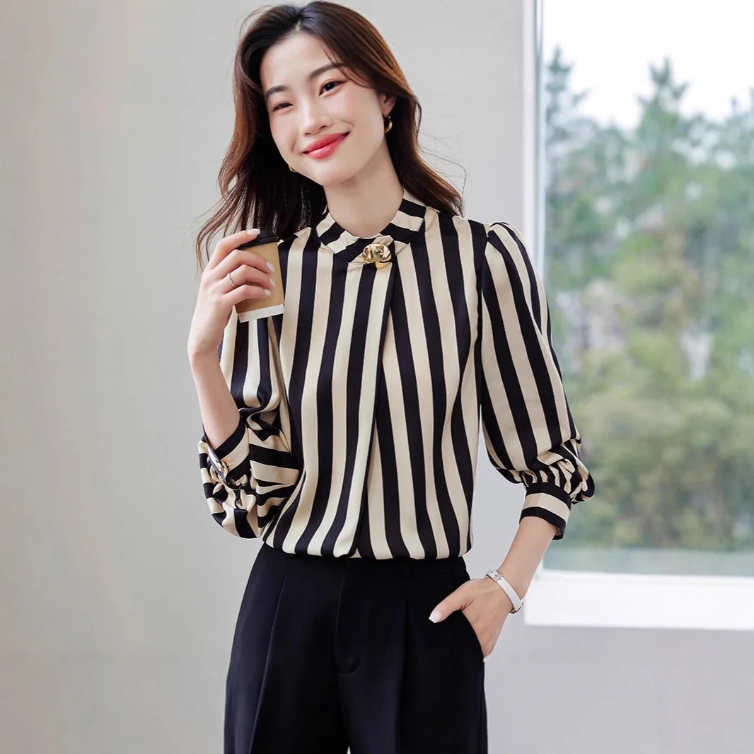 Elegant Commuter Long Sleeve Striped Shirt Women's Stand Collar Button up Polyester Fiber Straight Cut Fashionable Business wear