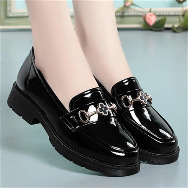 Women's Mary Jane Platform Shoes Round  Head Spring New Metal Chain Casual Soft Patent Leather Slip on Loafers