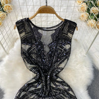 Sexy Sleeveless V-neck mesh sequin Bodycon Dress Chic Women Slim Women Slip Dress