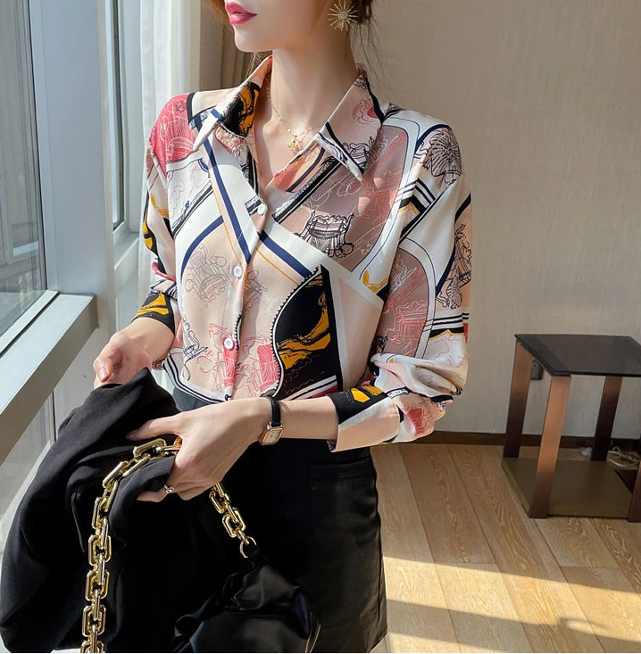 Chiffon Allover Printed Women's Blouses High Quality Long Sleeve Single Breasted Spring Summer Casual Lady Blouses