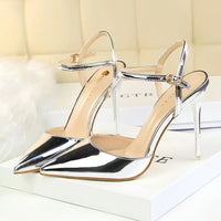 Women 10.5cm High Heels Sandals Lady Metallic Gray Patent Leather Stripper Ankle Strap Sandals Wedding Fetish Nightclub Shoes