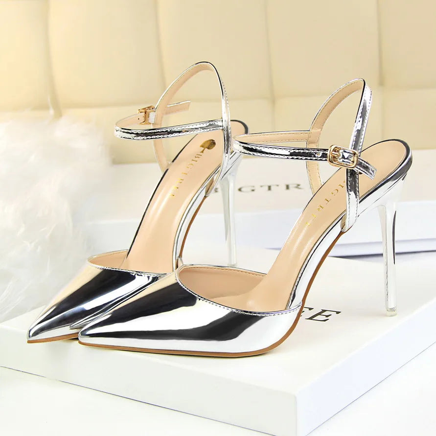 Women 10.5cm High Heels Sandals Lady Metallic Gray Patent Leather Stripper Ankle Strap Sandals Wedding Fetish Nightclub Shoes