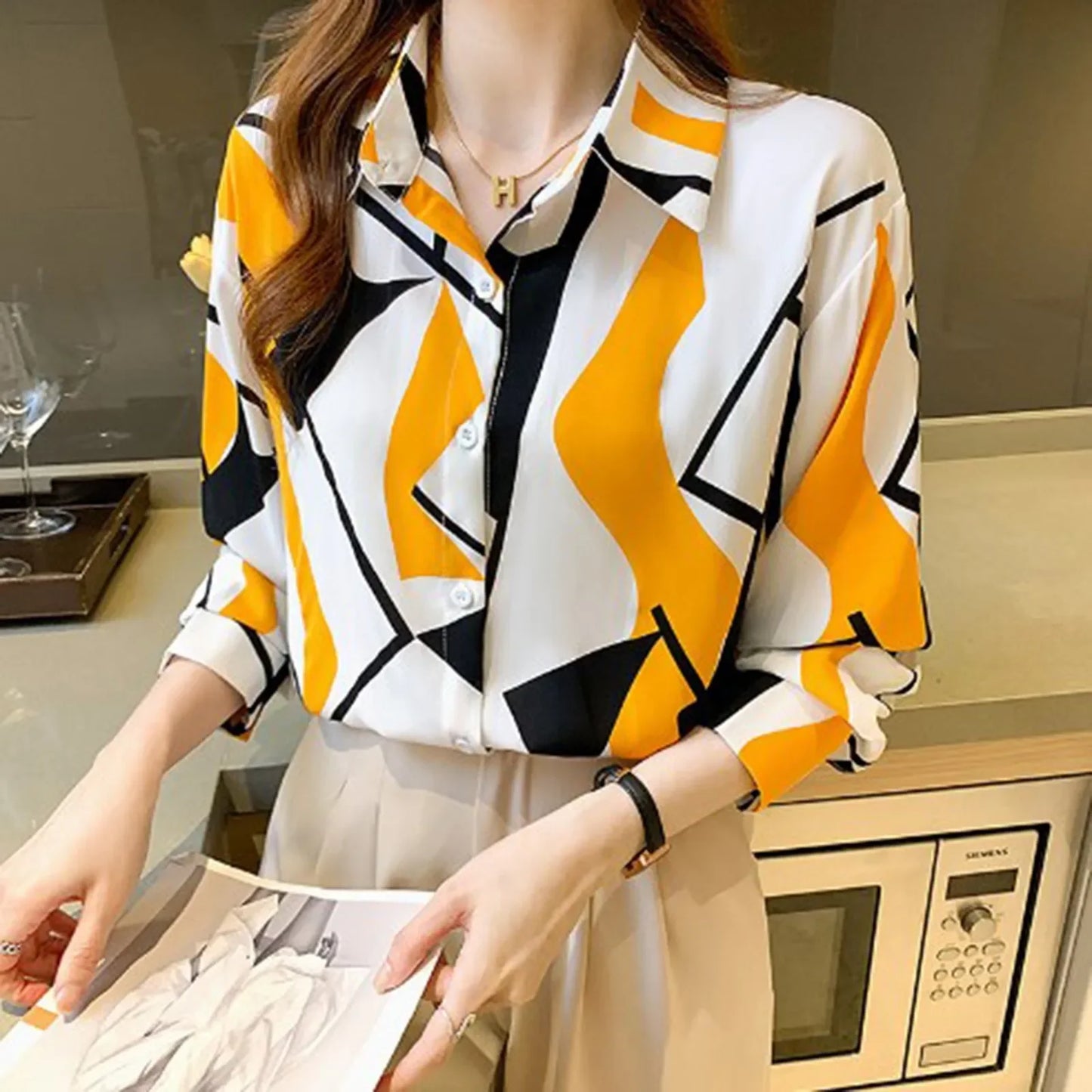 Women Temperament Print Shirt Long Sleeve Fashion Loose Shirts Ladies Lightweight Work Blouse