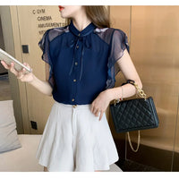 Women flare Short Sleeve blue shirts lady chiffon tops