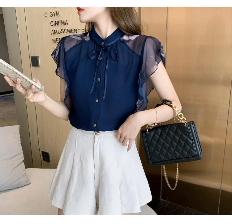 Women flare Short Sleeve blue shirts lady chiffon tops